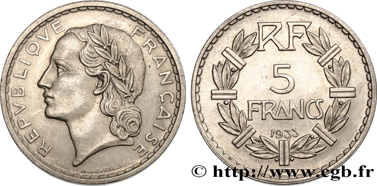 Concours de 5 francs, essai de Lavrillier en nickel, sans différents 1933 Paris GEM.137 8 SUP58 