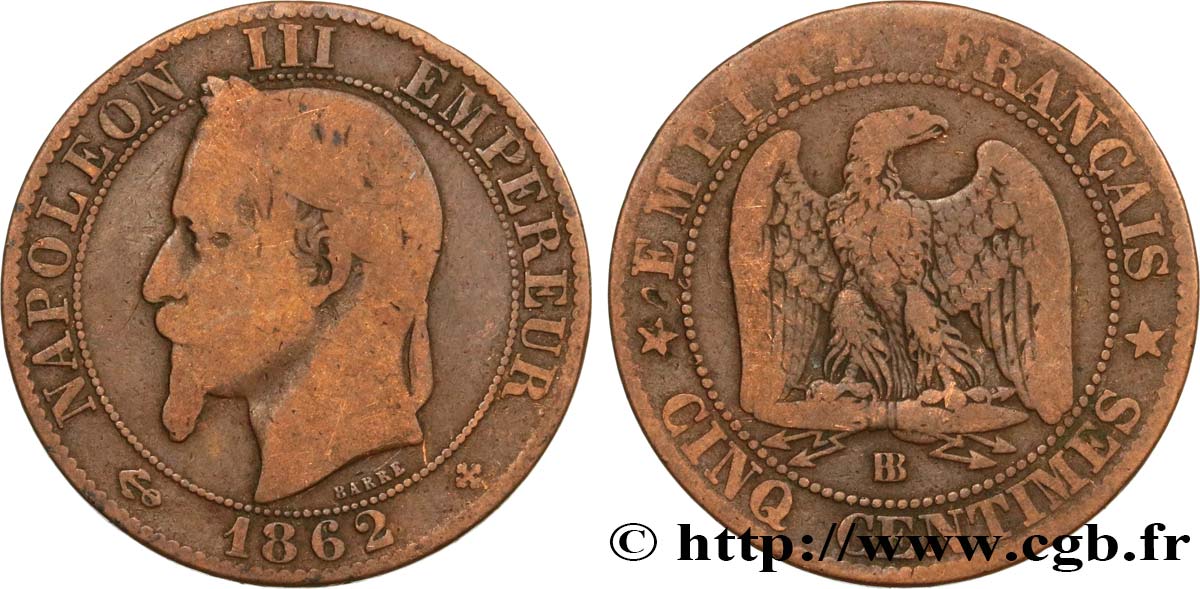 Cinq centimes Napoléon III, tête laurée 1862 Strasbourg F.117/8 F15 