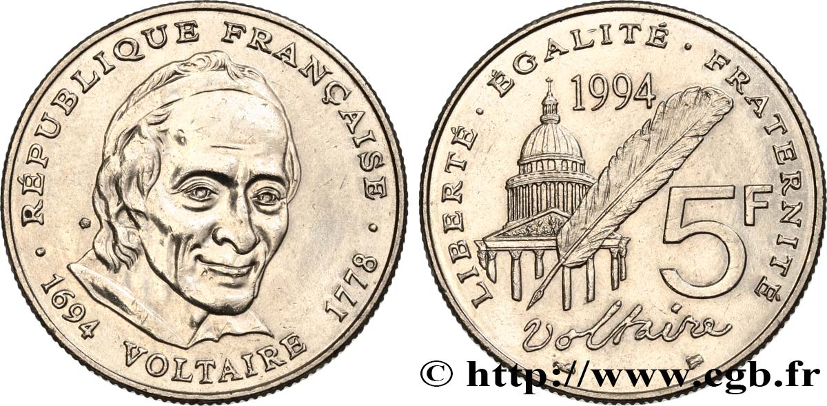 5 francs Voltaire 1994  F.344/2 AU55 