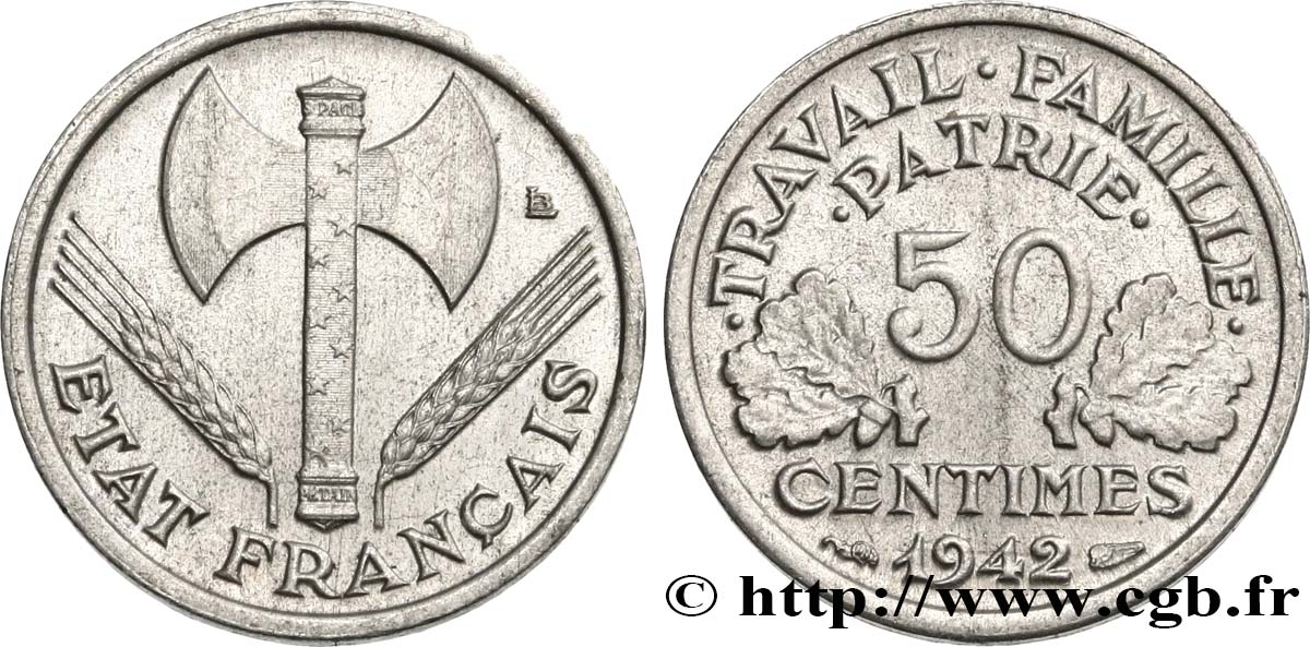 50 centimes Francisque, lourde 1942 Paris F.195/3 SUP55 