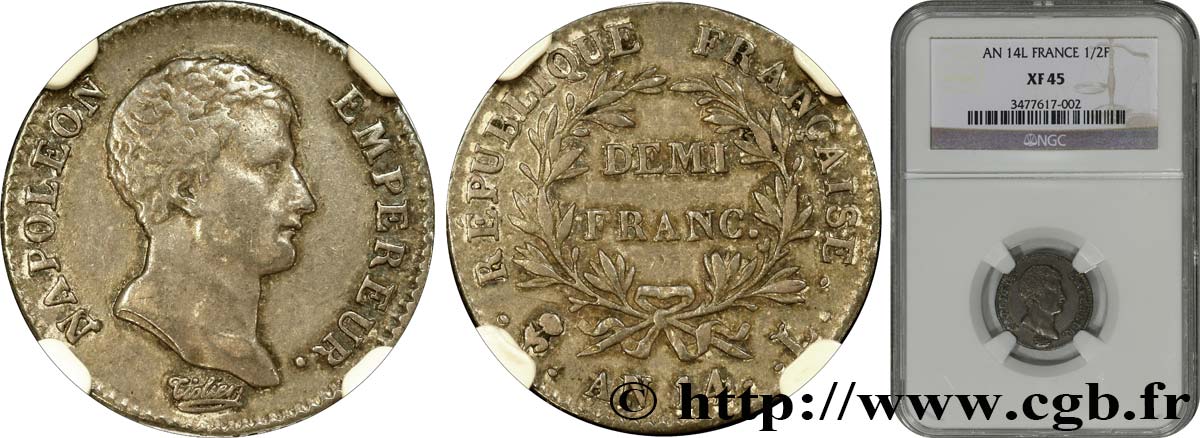 Demi-franc Napoléon Empereur, Calendrier révolutionnaire 1805 Bayonne F.174/27 TTB45 NGC