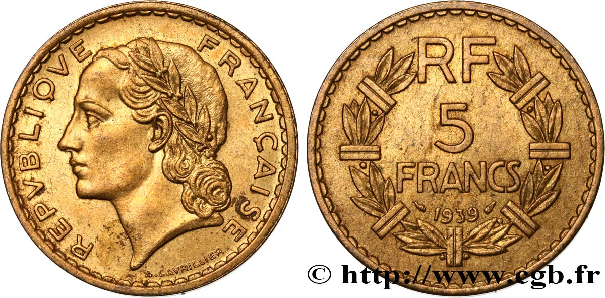 5 francs Lavrillier, bronze-aluminium 1939  F.337/3 EBC55 