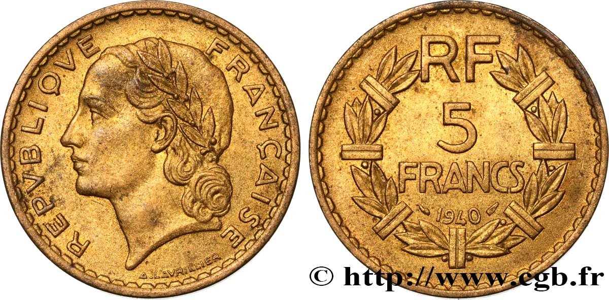 5 francs Lavrillier, bronze-aluminium 1940  F.337/4 SUP58 