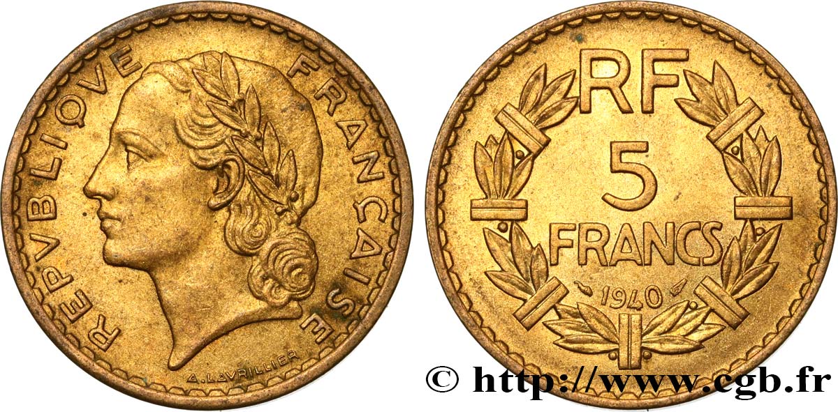 5 francs Lavrillier, bronze-aluminium 1940  F.337/4 SUP60 
