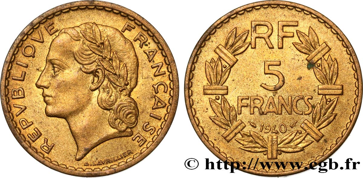 5 francs Lavrillier, bronze-aluminium 1940  F.337/4 EBC55 