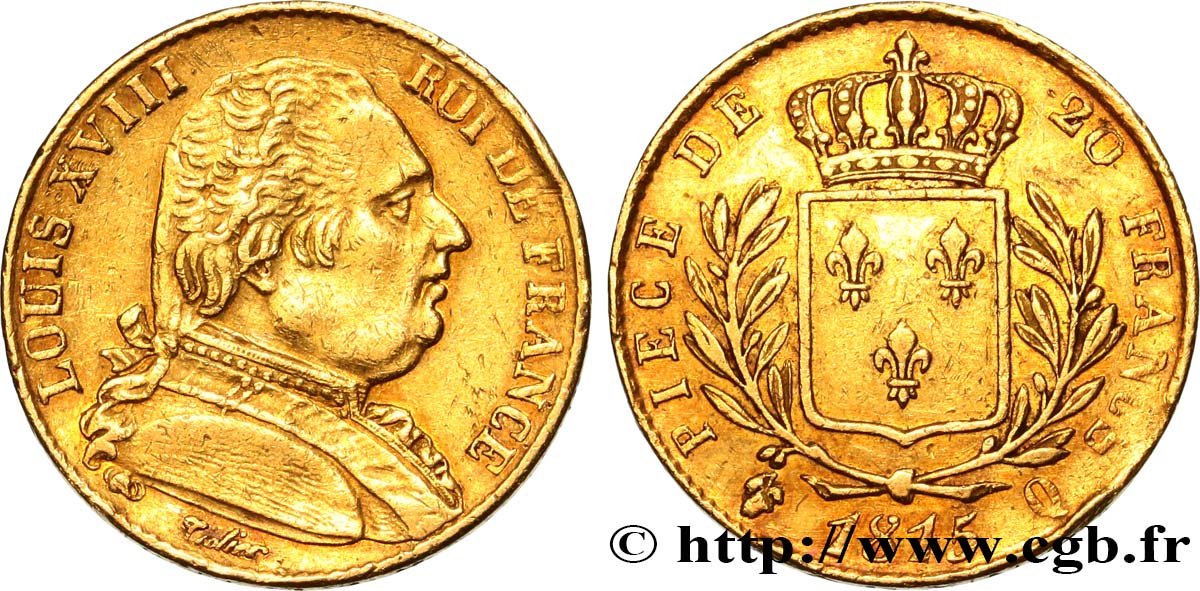 20 francs or Louis XVIII, buste habillé 1815 Perpignan F.517/16 TTB45 