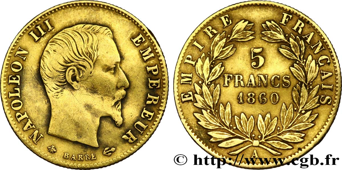 5 francs or Napoléon III, tête nue, grand module 1860 Paris F.501/11 S 