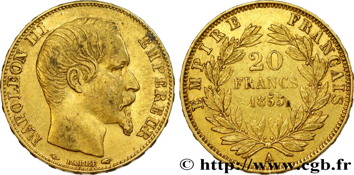 20 francs or Napoléon III, tête nue 1855 Paris F.531/3 XF45 