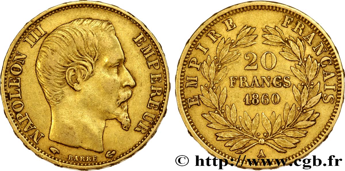 20 francs or Napoléon III, tête nue 1860 Paris F.531/18 SS40 