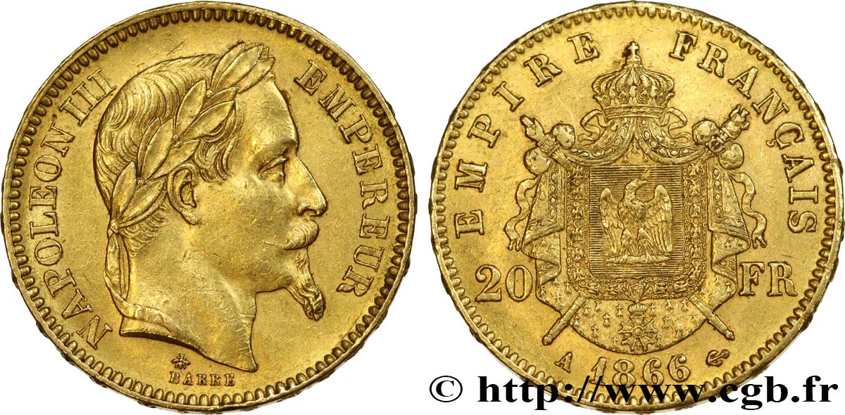 20 francs or Napoléon III, tête laurée 1866 Paris F.532/13 SS50 