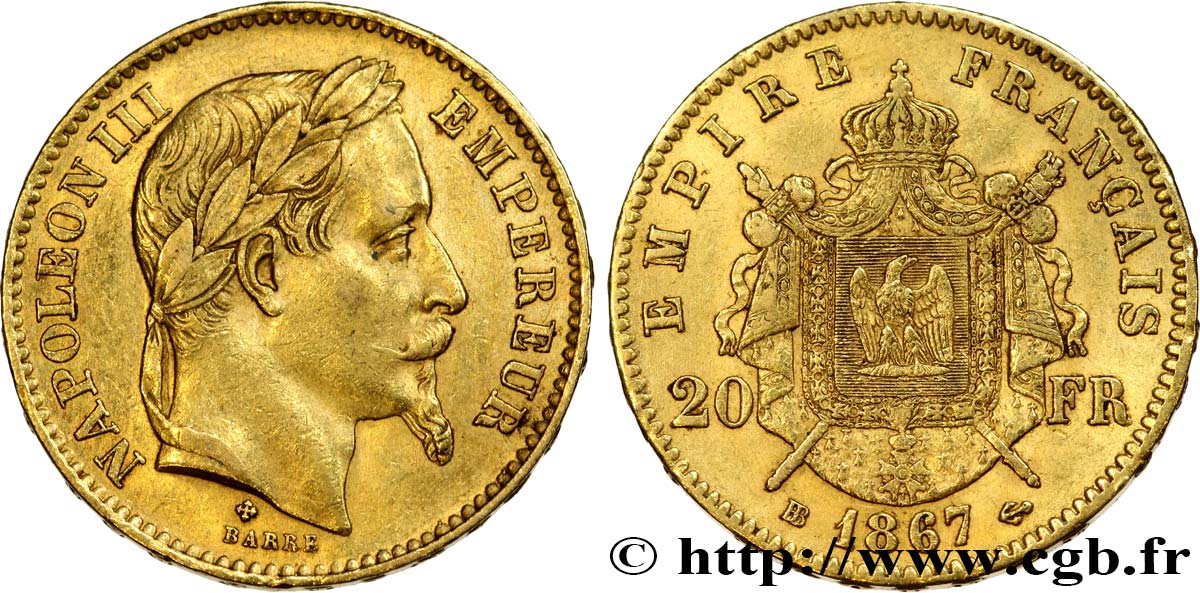 20 francs or Napoléon III, tête laurée 1867 Strasbourg F.532/16 TTB48 
