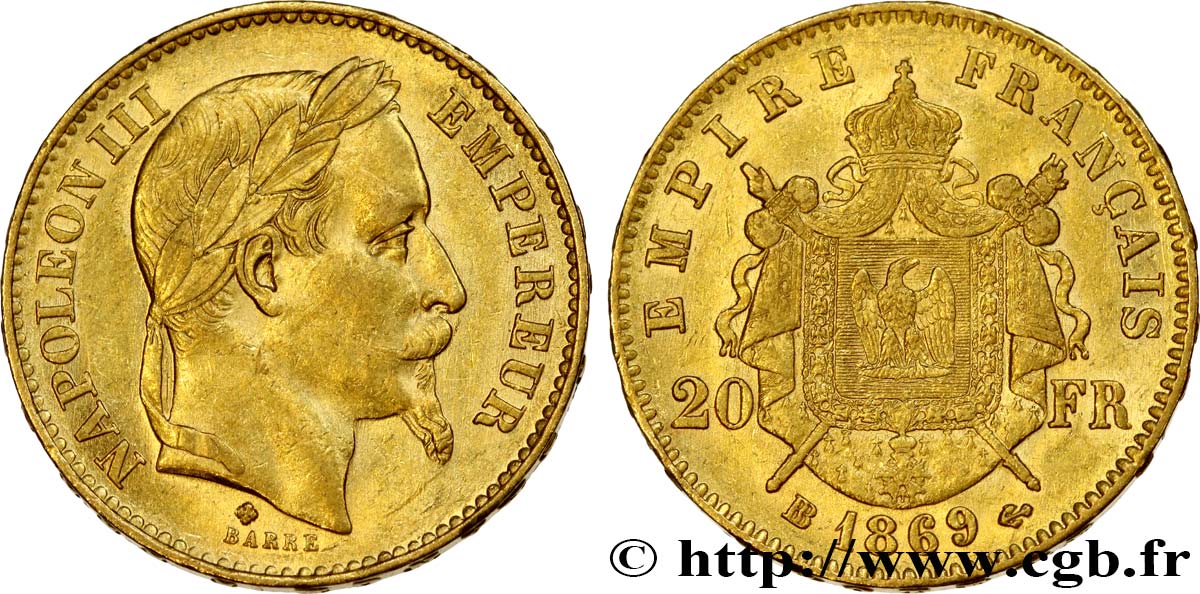 20 francs or Napoléon III, tête laurée, grand BB 1869 Strasbourg F.532/22 SS50 