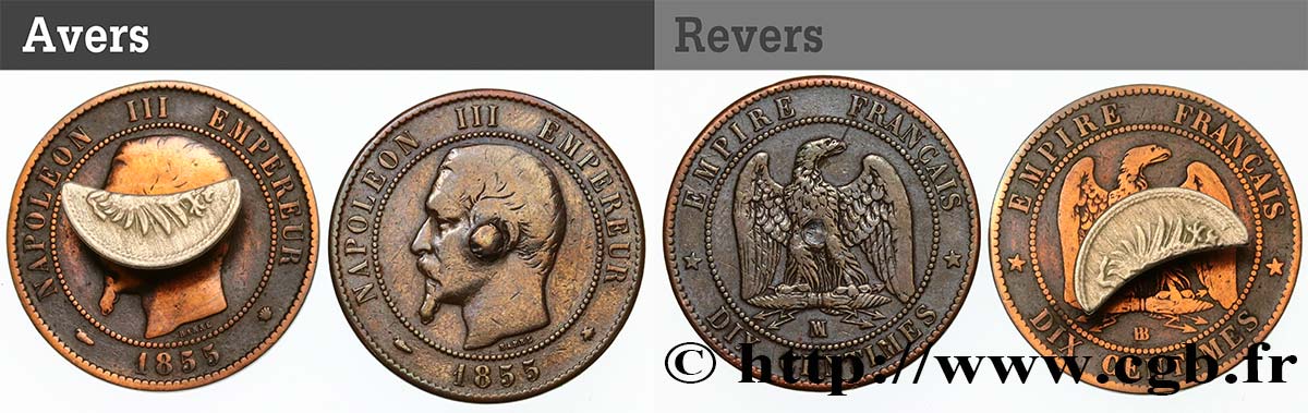 Paire de Dix centimes Napoléon III, tête nue, en bouton de manchette 1855 s.l. F.133/23 var. BC 