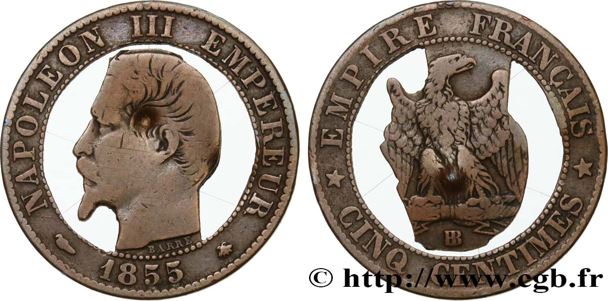 Cinq centimes Napoléon III, tête nue, évidée 1855 Strasbourg F.116/20 var. TB 