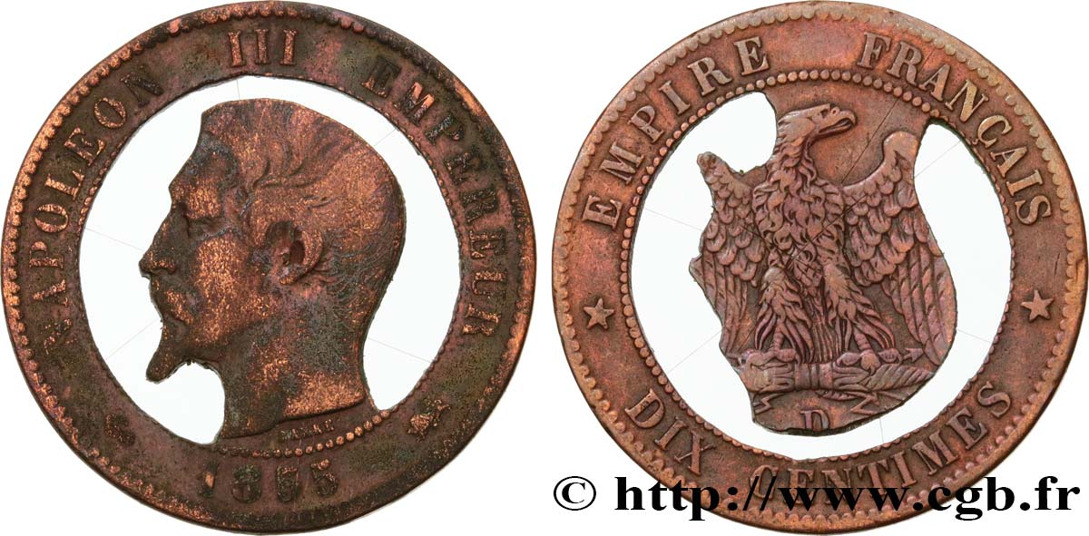 Dix centimes Napoléon III, tête nue, évidée 1855 Lyon F.133/26 var. TB 