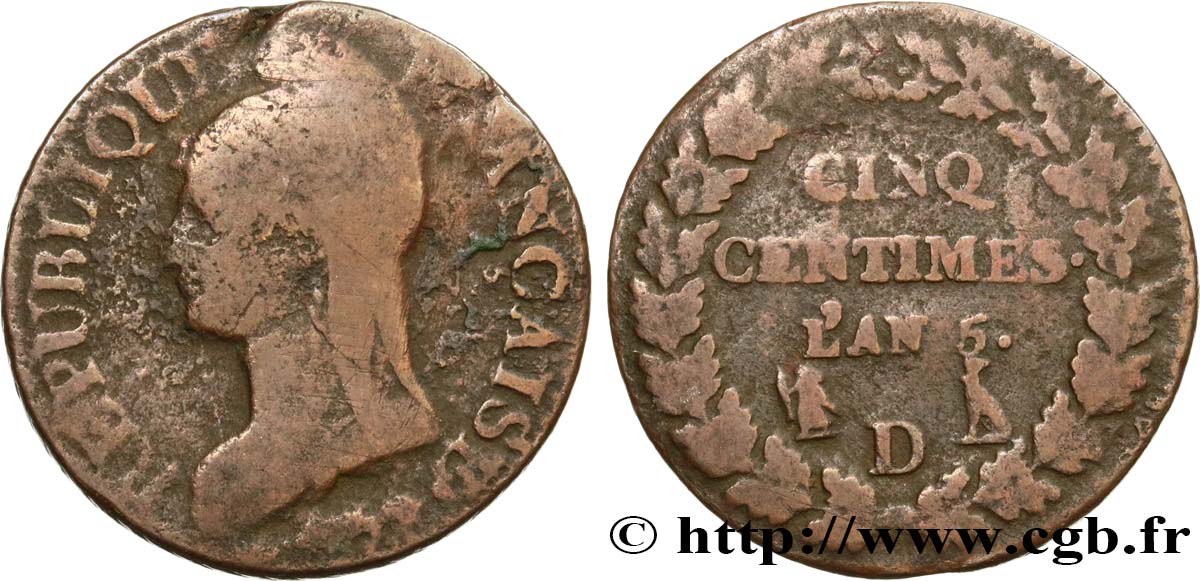 Cinq centimes Dupré, grand module 1797 Lyon F.115/22 B10 