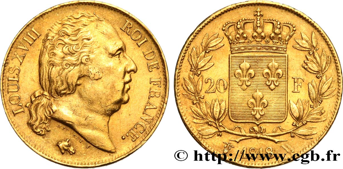 20 francs or Louis XVIII, tête nue 1818 Lille F.519/14 MBC50 