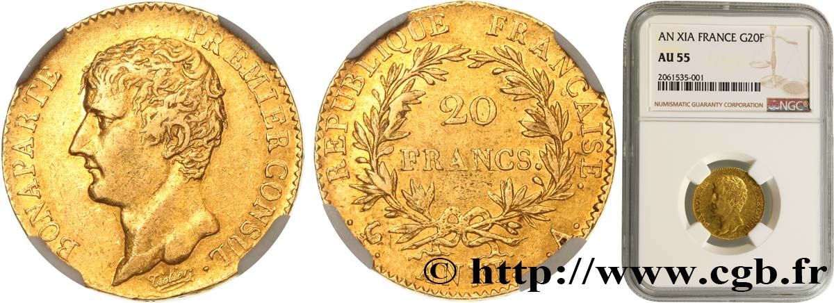 20 francs or Bonaparte Premier Consul 1803 Paris F.510/1 AU55 NGC