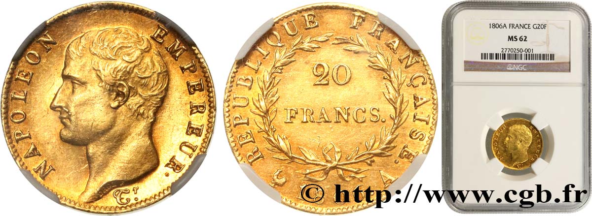 20 francs or Napoléon tête nue, Calendrier grégorien 1806 Paris F.513/1 EBC62 NGC
