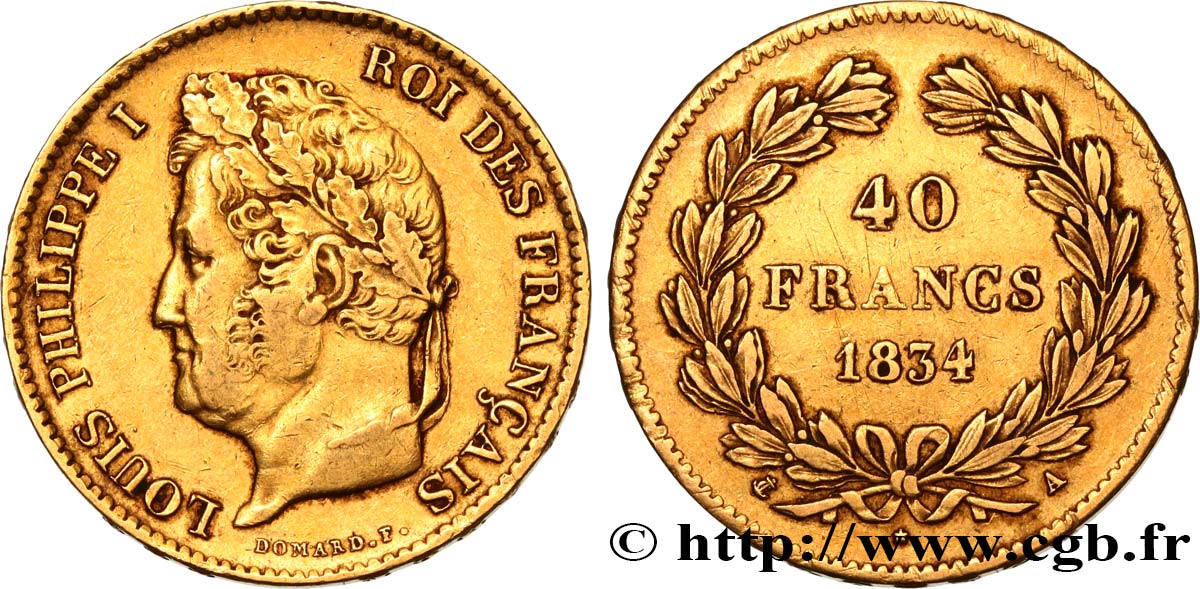 40 francs or Louis-Philippe 1834 Paris F.546/6 MB38 