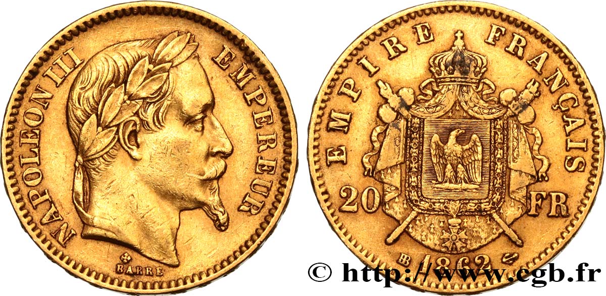 20 francs or Napoléon III, tête laurée 1862 Strasbourg F.532/5 TTB40 