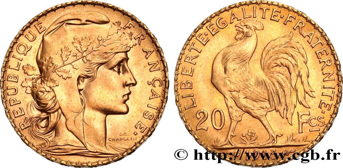 20 francs or Coq, Liberté Égalité Fraternité 1913 Paris F.535/7 AU 