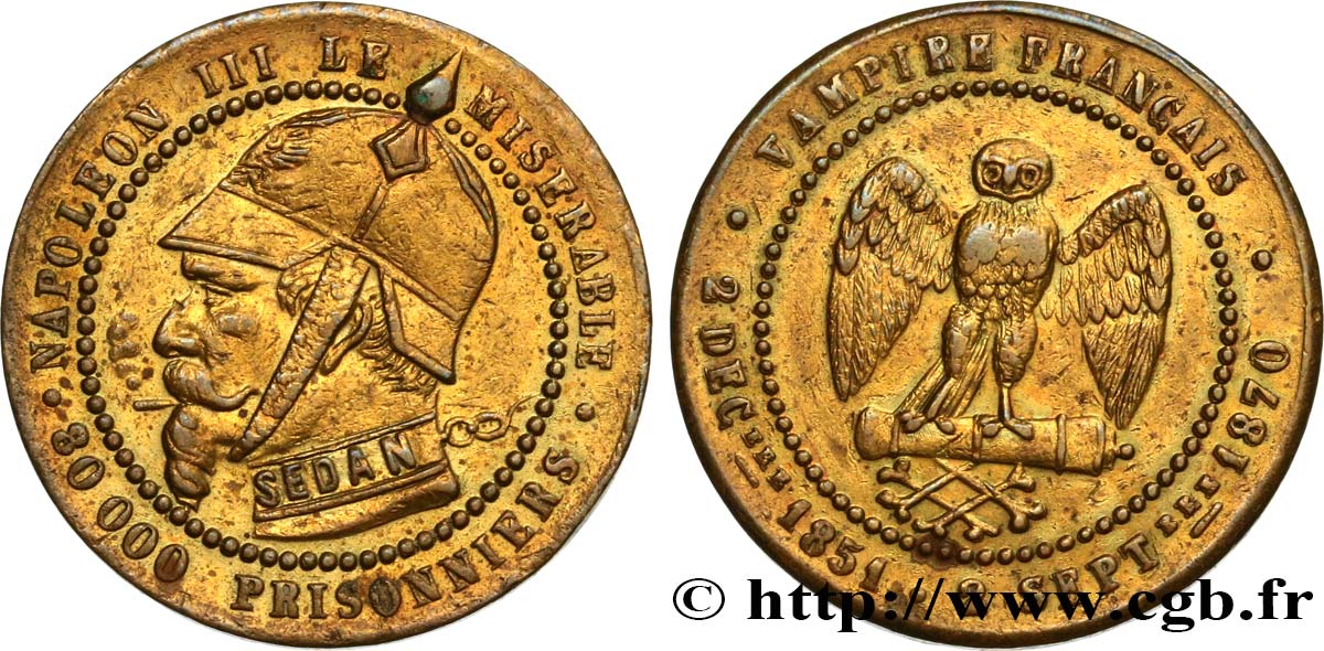Médaille satirique Lt 25, module de Cinq centimes, type B “Os et Cigarette” 1870  Schw.B1a  TTB+ 