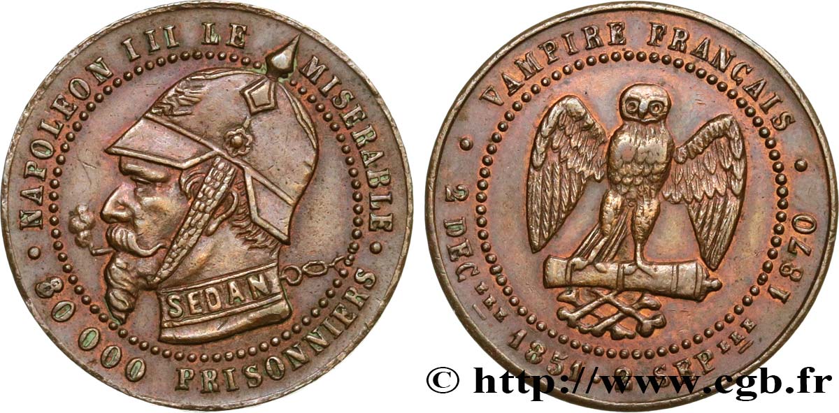 Médaille satirique Cu 25, module de Cinq centimes, type B “Os et Cigarette” 1870  Schw.B3c  fVZ 