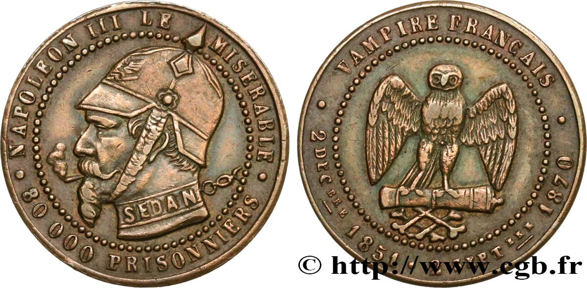Médaille satirique Cu 25, module de Cinq centimes, type B “Os et Cigarette” 1870  Schw.B2b  TTB 