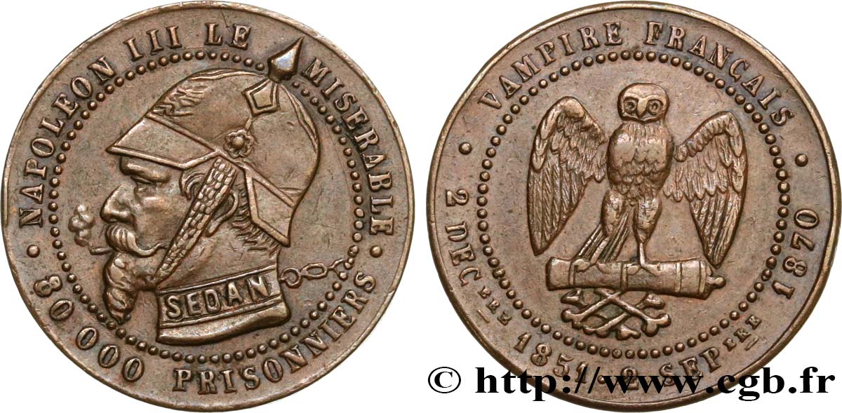 Médaille satirique Cu 25, module de Cinq centimes, type B “Os et Cigarette” 1870  Schw.B3c  AU 