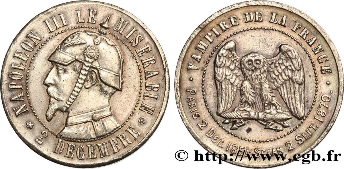 Médaille satirique Cu 32, type C “Chouette monétaire” 1870  Schw.C4b  TTB+ 