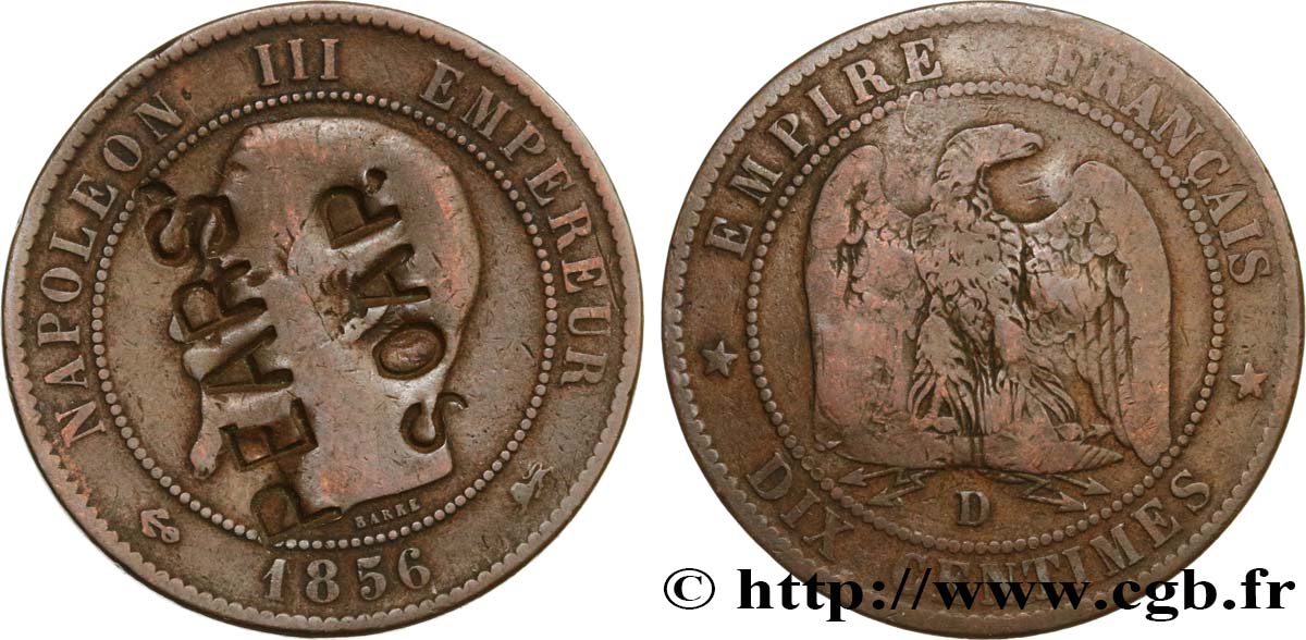 Dix centimes Napoléon III, tête nue, Contremarqué “PEARS’ SOAP” 1856 Lyon F.133/37 var. B+ 