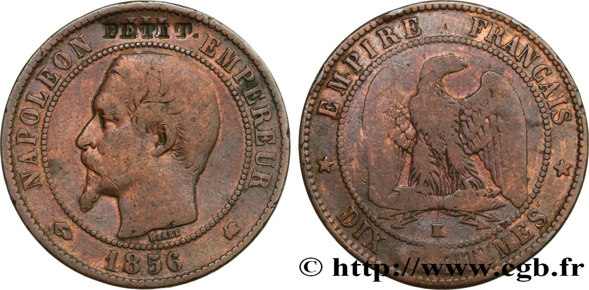 Dix centimes Napoléon III, tête nue, satirique, contremarqué PETIT 1856 Bordeaux F.133/38 var. TB 