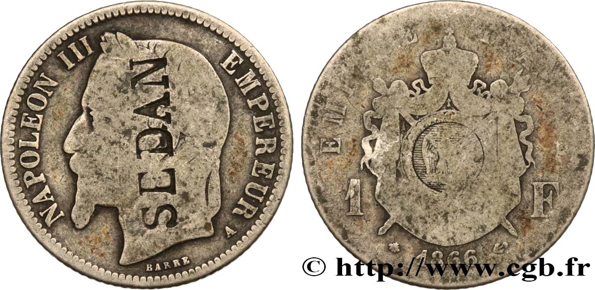 1 franc Napoléon III, tête laurée, contremarqué SEDAN 1866 Paris F.215/3 var. B 