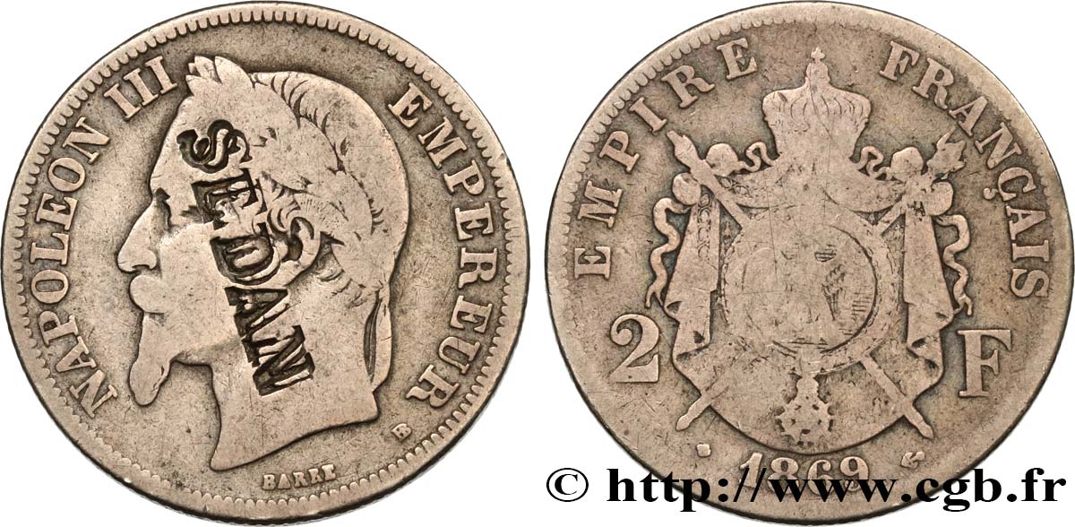 2 francs Napoléon III, tête laurée, contremarqué SEDAN 1869 Strasbourg F.263/11 var. VG 