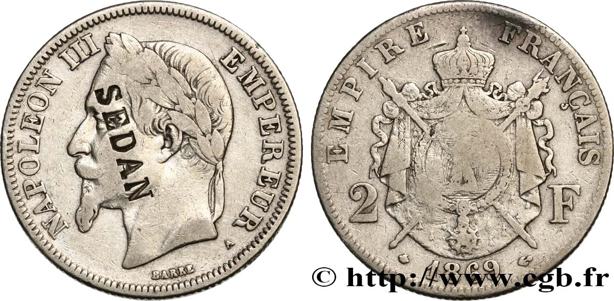 2 francs Napoléon III, tête laurée, contremarqué SEDAN 1869 Paris F.263/10 var. TB 