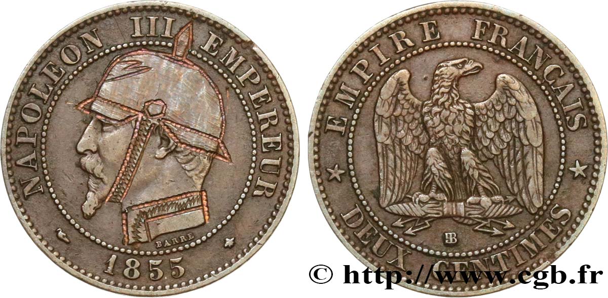 Deux centimes Napoléon III, tête nue, satirique 1855 Strasbourg F.107/23 var. TTB 
