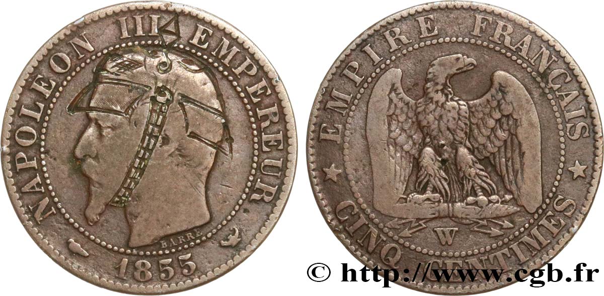Cinq centimes Napoléon III, tête nue, satirique 1855 Lille F.116/28 var. BC 