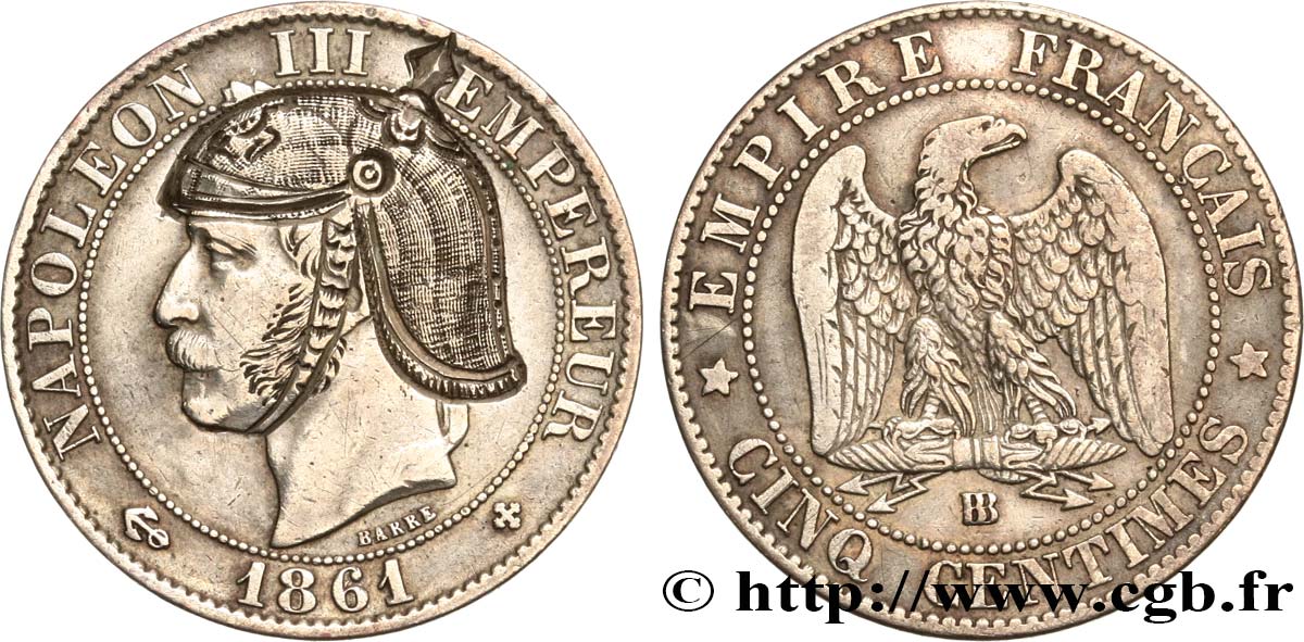 Cinq centimes Napoléon III, tête laurée, satirique 1861 Strasbourg F.117/5 var. BC+ 