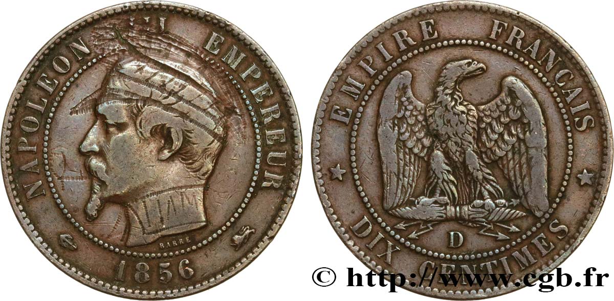 Dix centimes Napoléon III, tête nue, satirique 1856 Lyon F.133/37 var. BC+ 