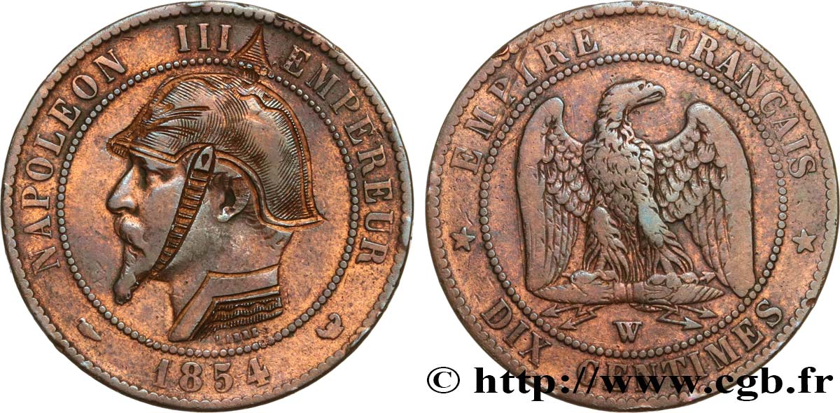 Dix centimes Napoléon III, tête nue, satirique 1854 Lille F.133/18 var. BC+ 