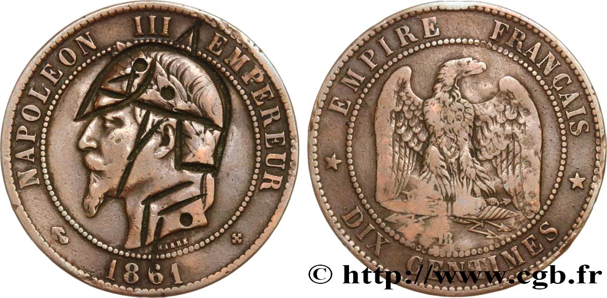 Dix centimes Napoléon III, tête laurée, satirique 1861 Strasbourg F.134/5 var. VF 