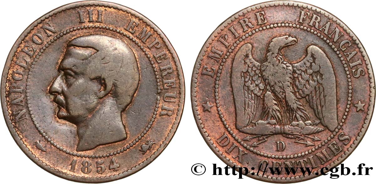 Dix centimes Napoléon III, tête nue, satirique suisse 1854 Lyon F.133/15 var. TB+ 