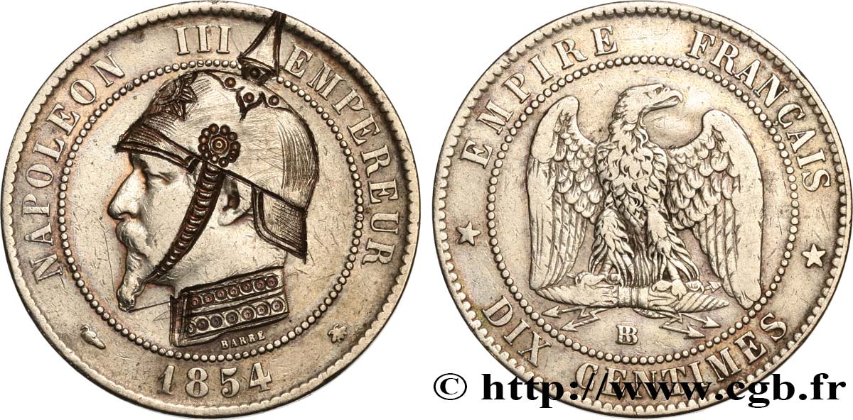 Dix centimes Napoléon III, tête nue, satirique 1854 Strasbourg F.133/13 var. SS 