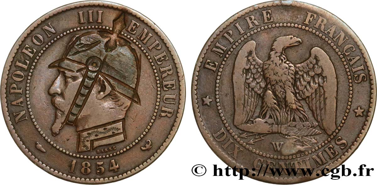 Dix centimes Napoléon III, tête nue, satirique 1854 Lille F.133/18 var. MB 