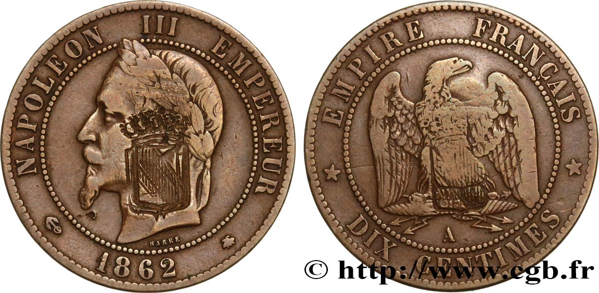Dix centimes Napoléon III, tête laurée, contremarqué de l’Écusson de Metz 1862 Paris F.134/7 var. VF 