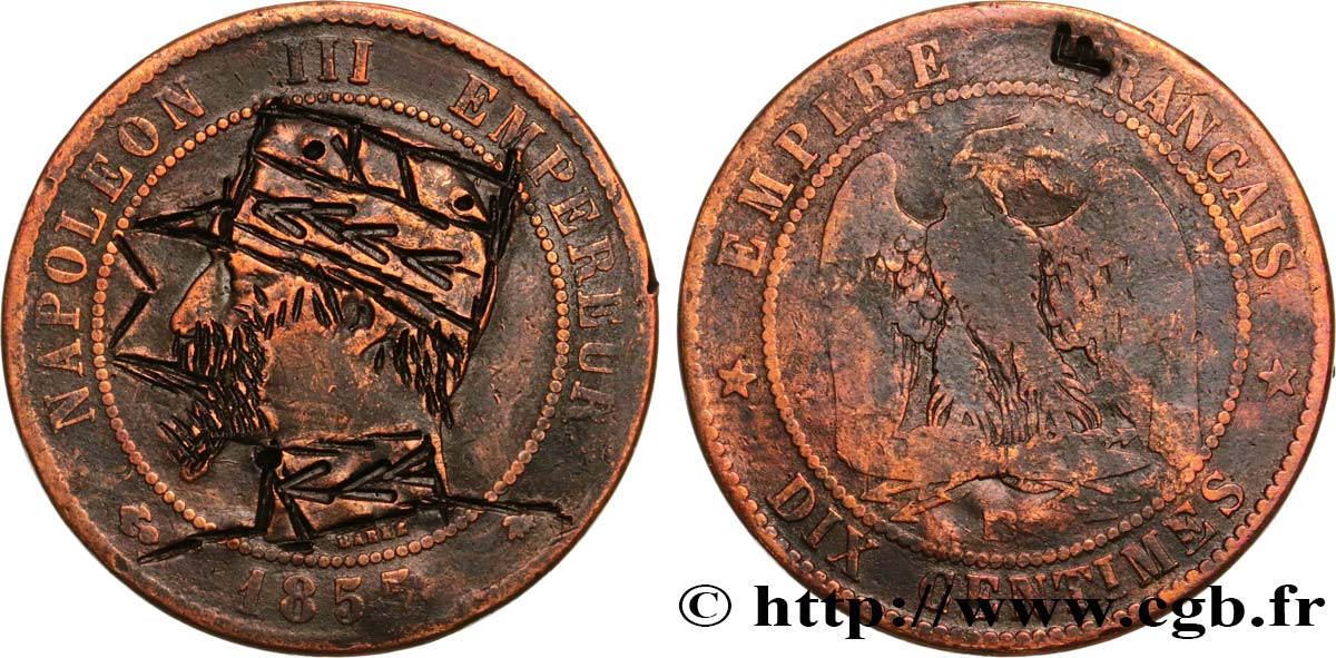 FAUSSE Satirique sur Dix centimes Napoléon III, tête nue, différent ancre 1855 Strasbourg F.133/24 var. VF 