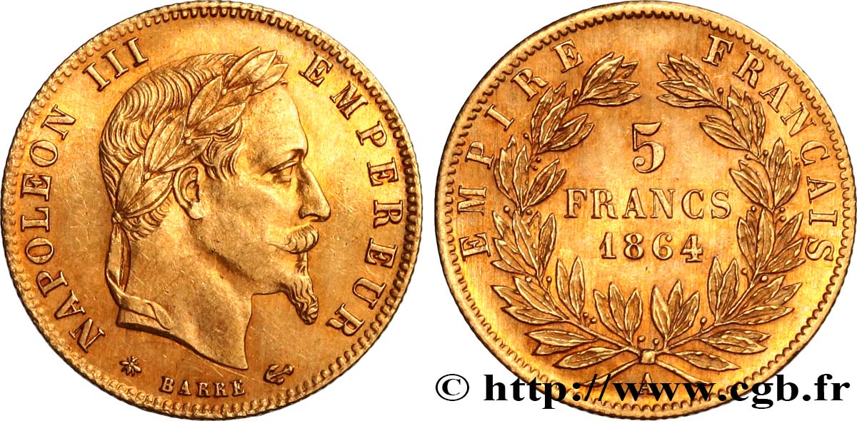 5 francs or Napoléon III, tête laurée 1864 Paris F.502/5 fVZ 