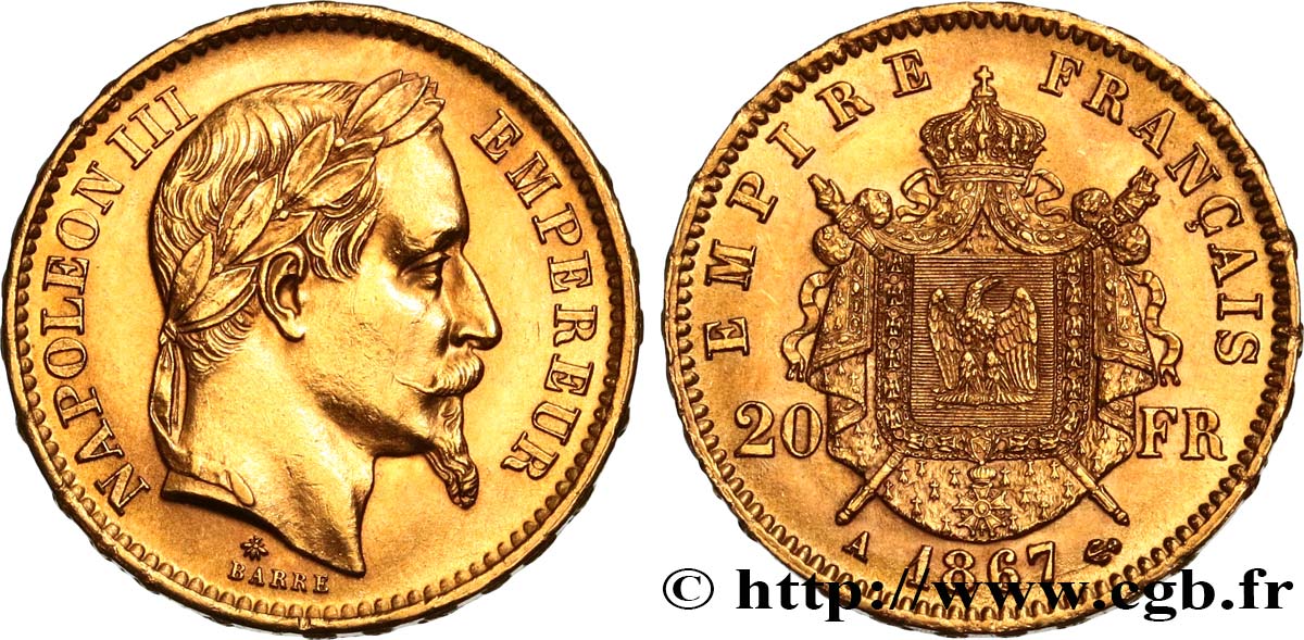 20 francs or Napoléon III, tête laurée 1867 Paris F.532/15 SPL62 