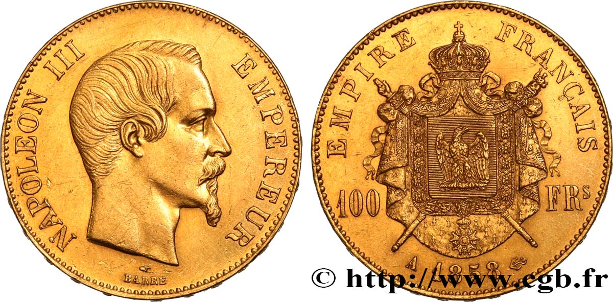 100 francs or Napoléon III, tête nue 1858 Paris F.550/5 fVZ 